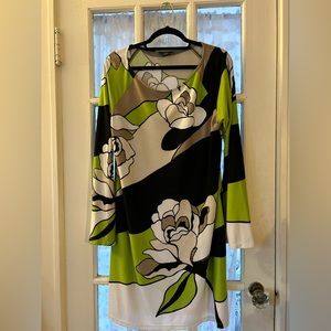 Floral Cream Green Black Dress flowy dress and flare bell sleeves Fun/Flattering